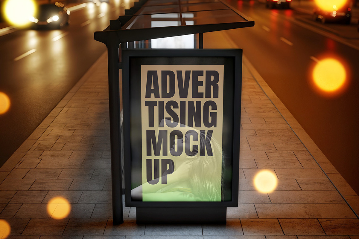 Bus Stop Poster Mockup at Night PSD, an Advertising Mockup by Bruno's Shop (Photo 1 of 4)