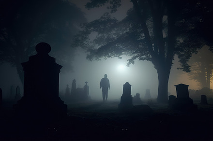 An eerie shot taken at the stroke of midnight, capturing the fog, a Holiday Photo by designvectx