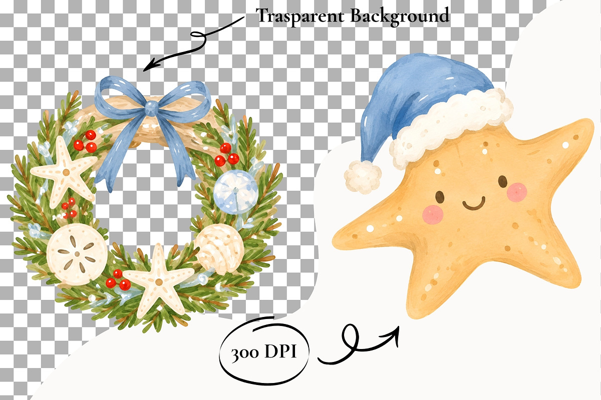 Coastal Christmas Clipart Beach PNG, a Seasonal Illustration by SugarCloudStudioArt (Photo 2 of 5)