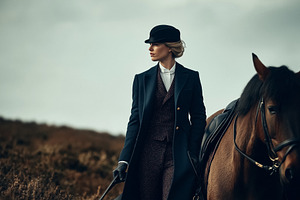 Elegant female rider pausing with horse in countryside, embodying period style, a Person Photo by Studio ANNA