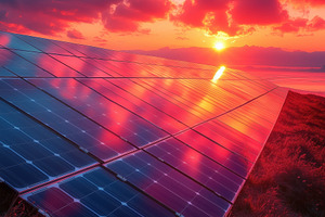 A vibrant sunset over a solar panel array, with colorful clouds reflecting the, a Technology Photo by Textures & Backgrounds