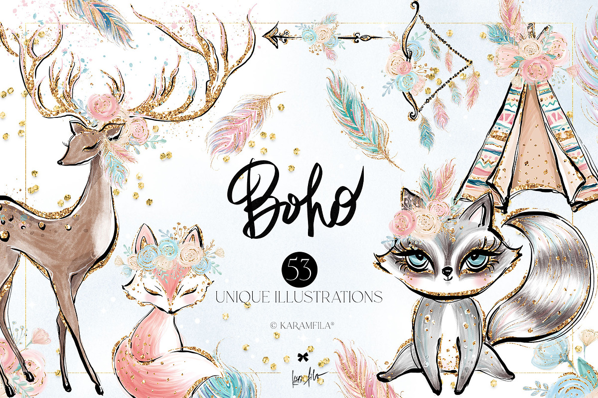 Boho Animals Woodland Clipart, an Animal Illustration by KaramfilaS (Photo 1 of 9)
