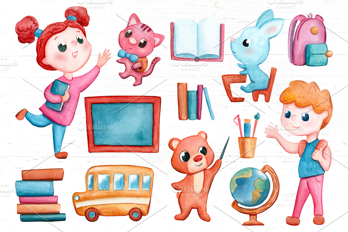 School Kids Clipart and Patterns, an Animal Illustration by RabbitAndPencil (Photo 2 of 7)