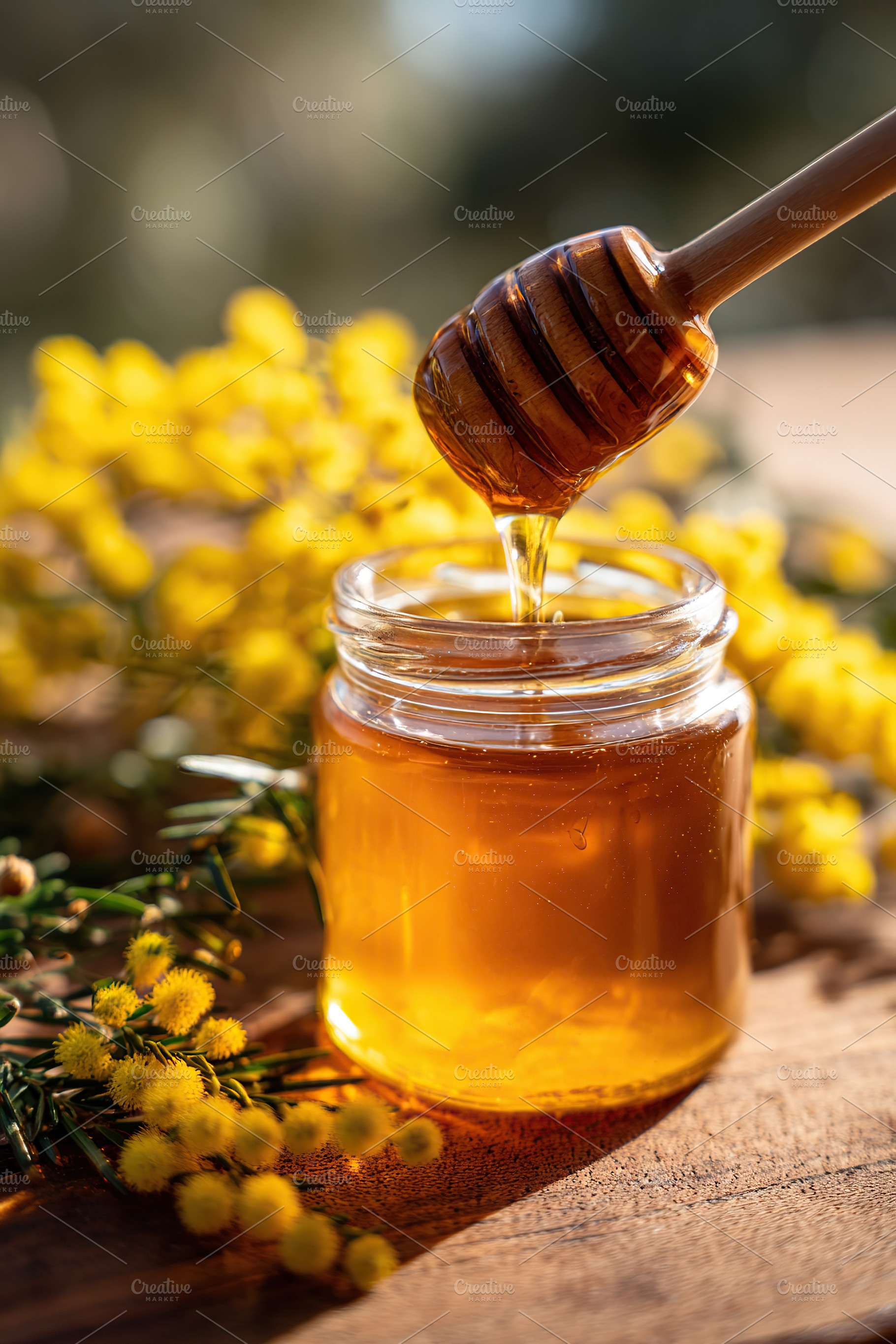 Close-up of a small glass jar filled with golden honey and a honey dipper again, a Photo by AlyaAnd