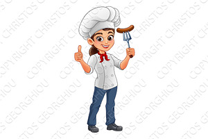Cartoon Female Woman Chef Sausage, a Food Illustration by Christos Georghiou
