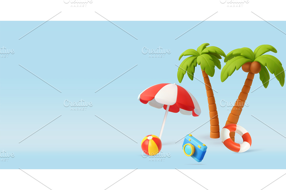 3D Beach Vacation Scene with, an Object Illustration by ModVector