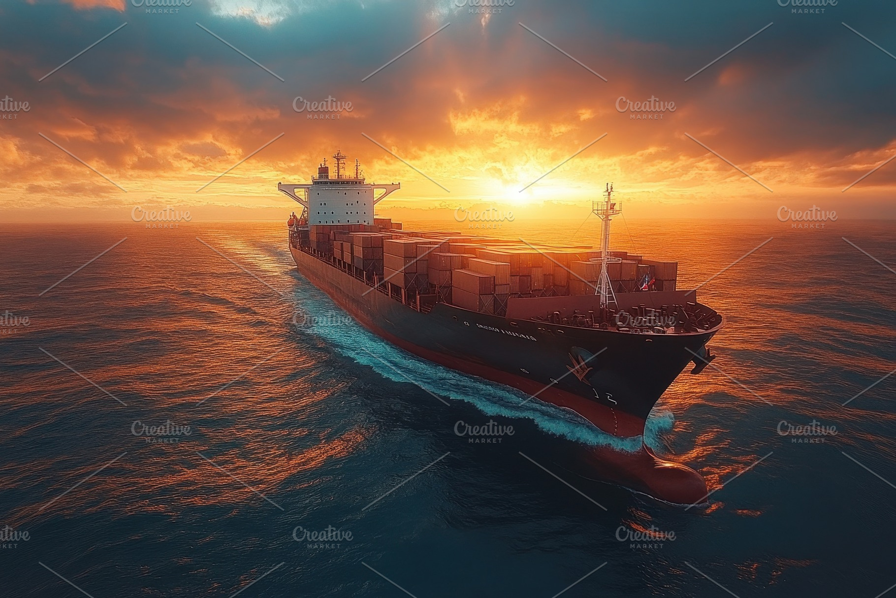 Cargo ship sails through ocean at su, a Photo by Tanuart