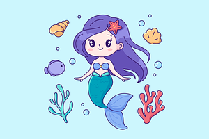 Kawaii mermaid girl with a fish, an Illustration by Cmeree