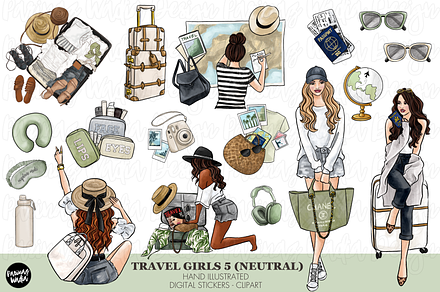 Neutral travel girls clipart set png, a Person Illustration by Parinaz Wadia Design