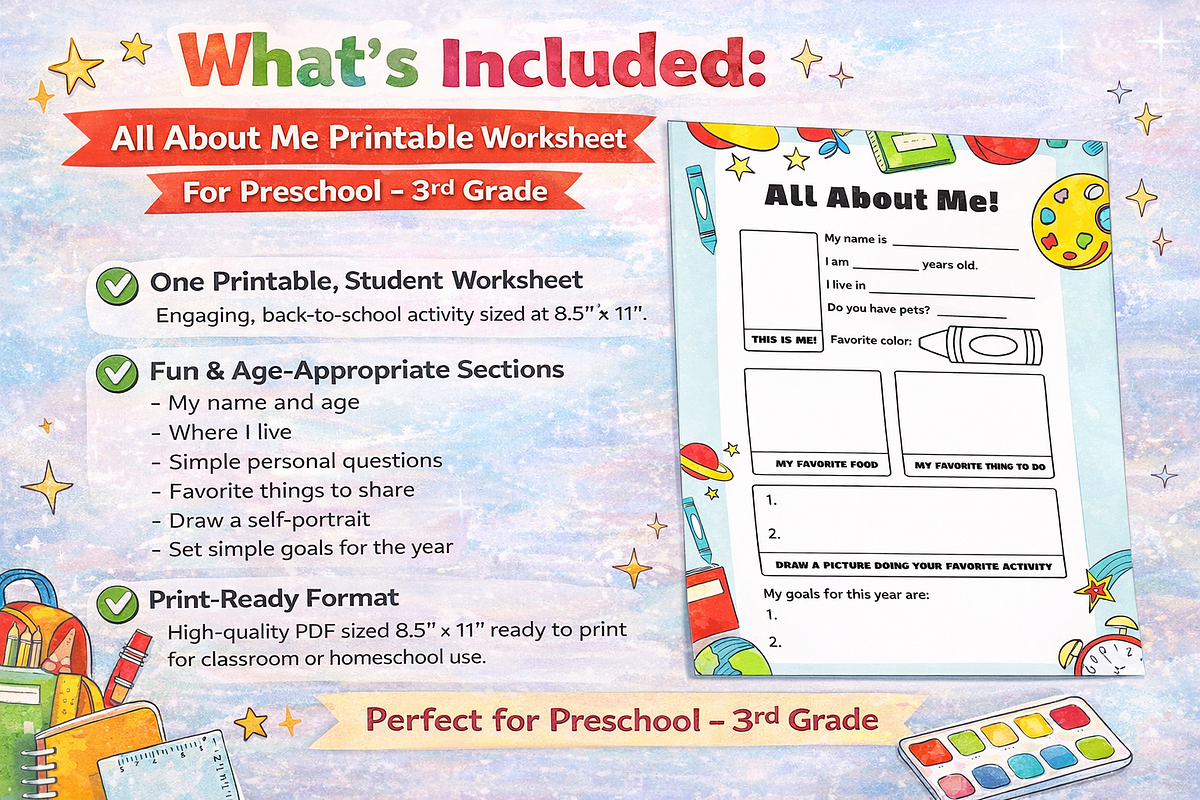 All About Me Printable Worksheet, an Education Illustration by MIRoots Design Studio (Photo 5 of 8)