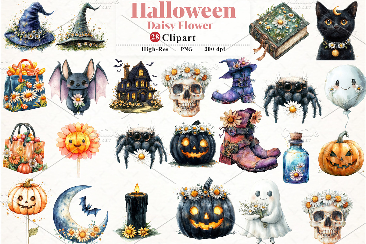 Daisy Flower & Halloween Clipart, an Illustration by Watercolor design (Photo 1 of 4)