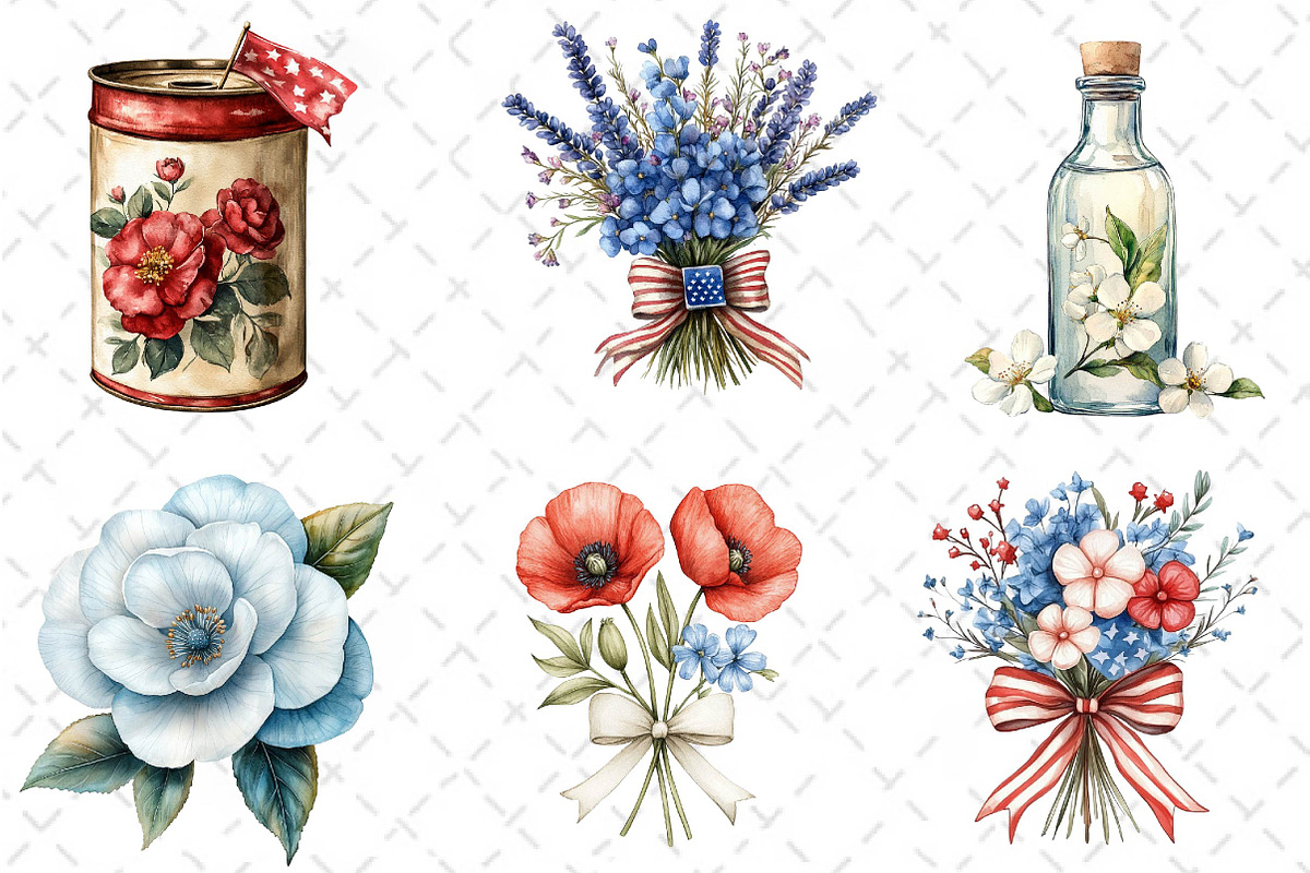 Watercolor Patriotic Floral Clipart, an Illustration by Dream Creation (Photo 3 of 5)
