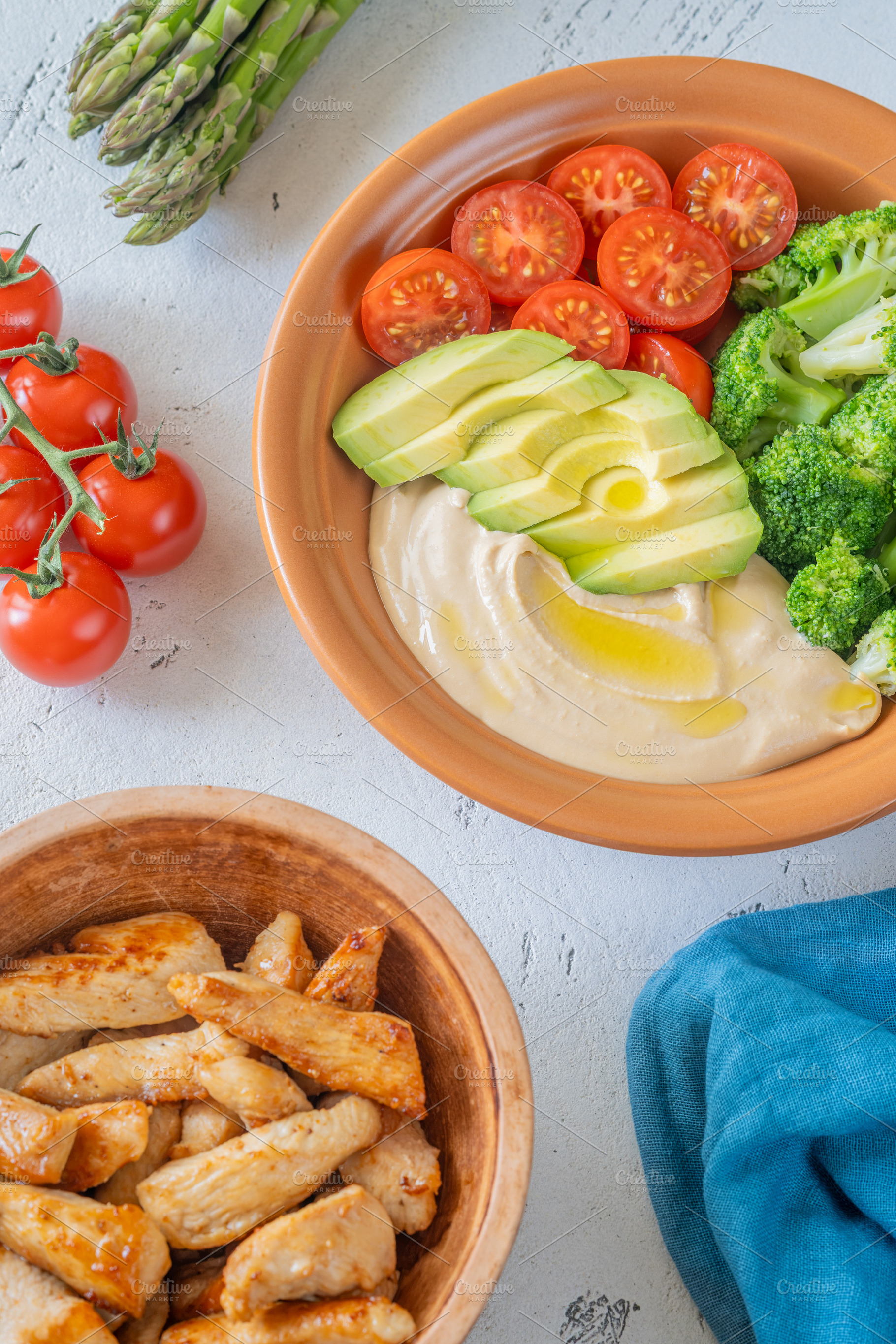 High Protein Hummus Bowl With Chicken Breast And Fresh Vegetable, a Food & Drink Photo by Alexander Prokopenko