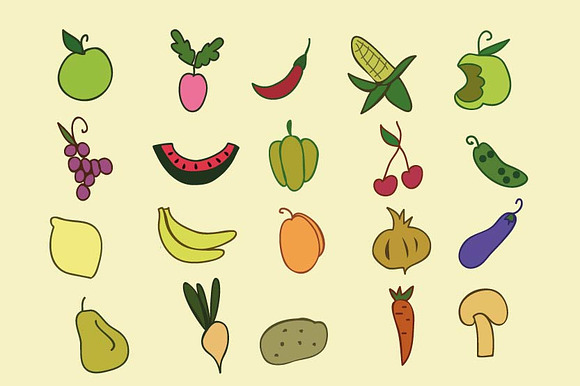 Hand Draw Fruit Vegetables Icons