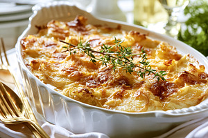 Creamy potatoes au gratin baking in a casserole dish for a gourmet dinner, topp, a Photo by Studio ANNA
