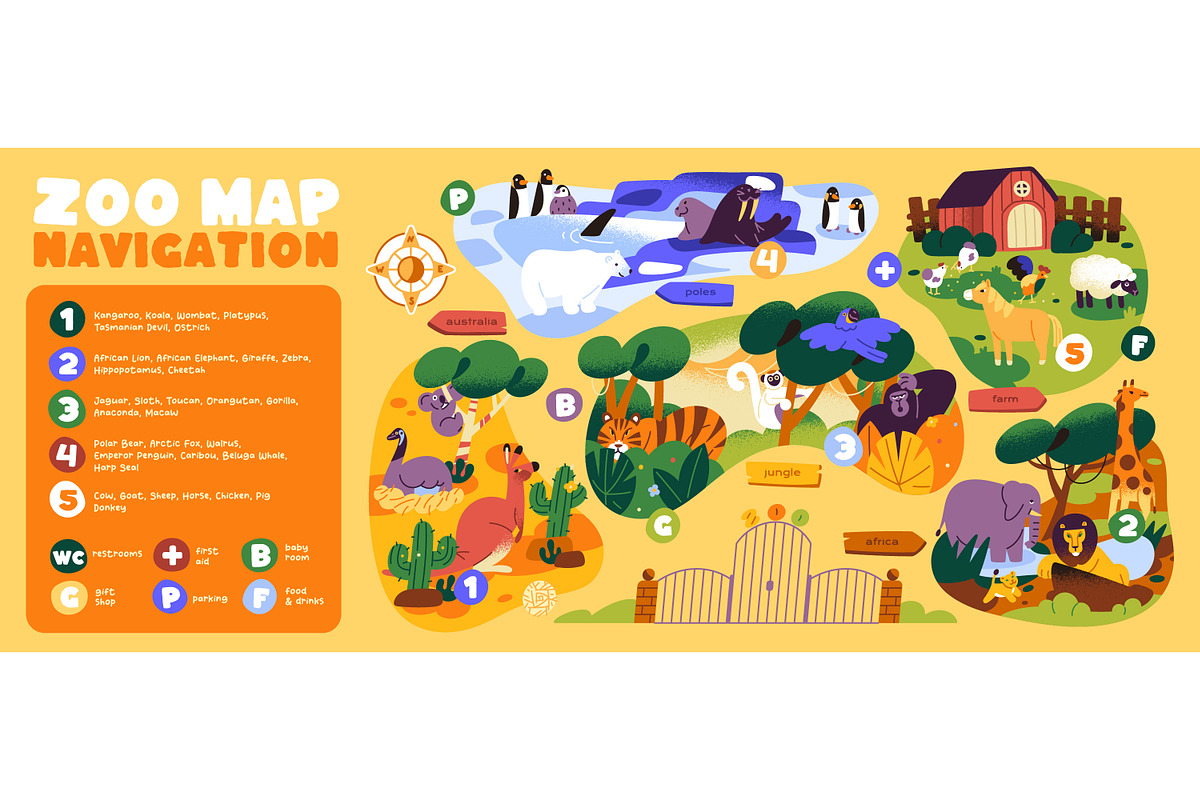 Zoo map design with animals + set, an Animal Illustration by PaperTrident (Photo 2 of 7)