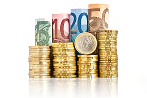 Euro banknotes and coins containing background, bank, and banknote