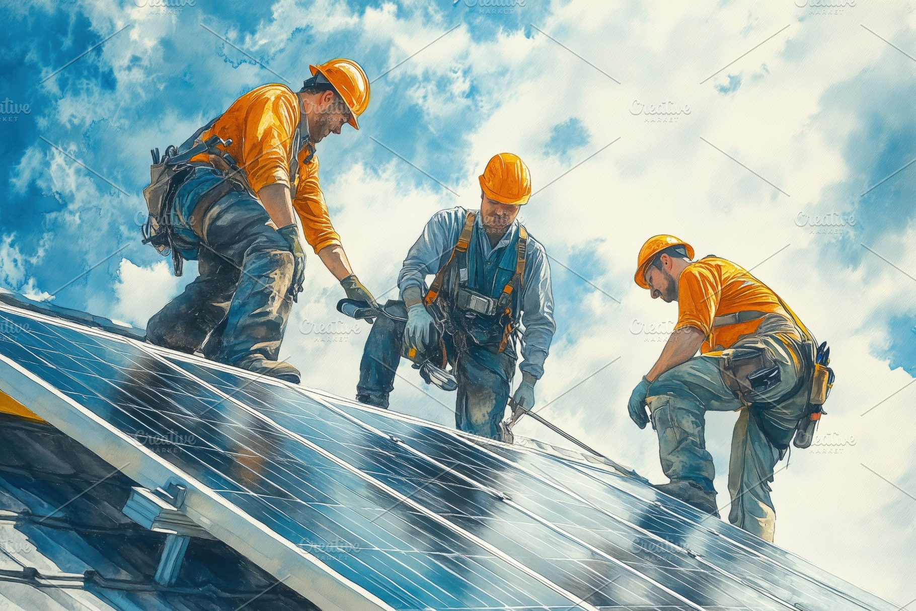 Three construction workers installing solar panels on a rooftop under a bright, a Technology Photo by Textures & Backgrounds