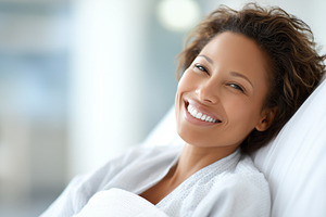 Smiling woman relaxes in a hospital, a Health & Medical Photo by MistyDay