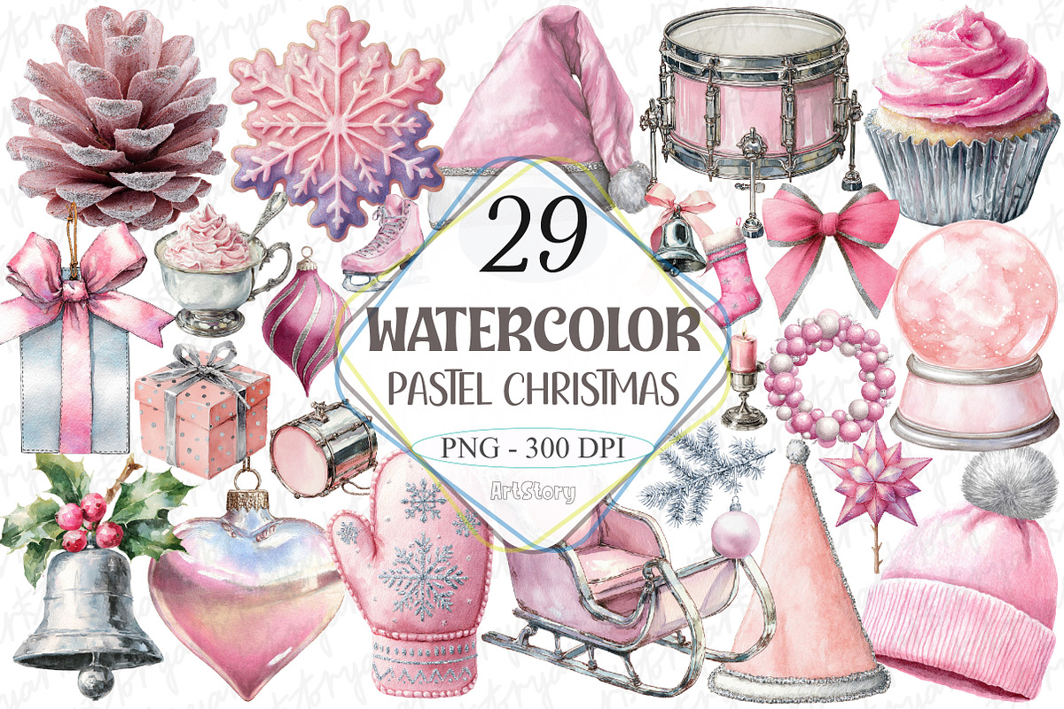 Pastel Silver Pink Christmas Clipart, a Graphic by designcity5 (Photo 1 of 5)