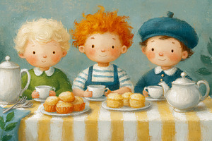 Three young boys enjoying a whimsical tea party, sharing cupcake, a Decorative Illustration by Studio ANNA