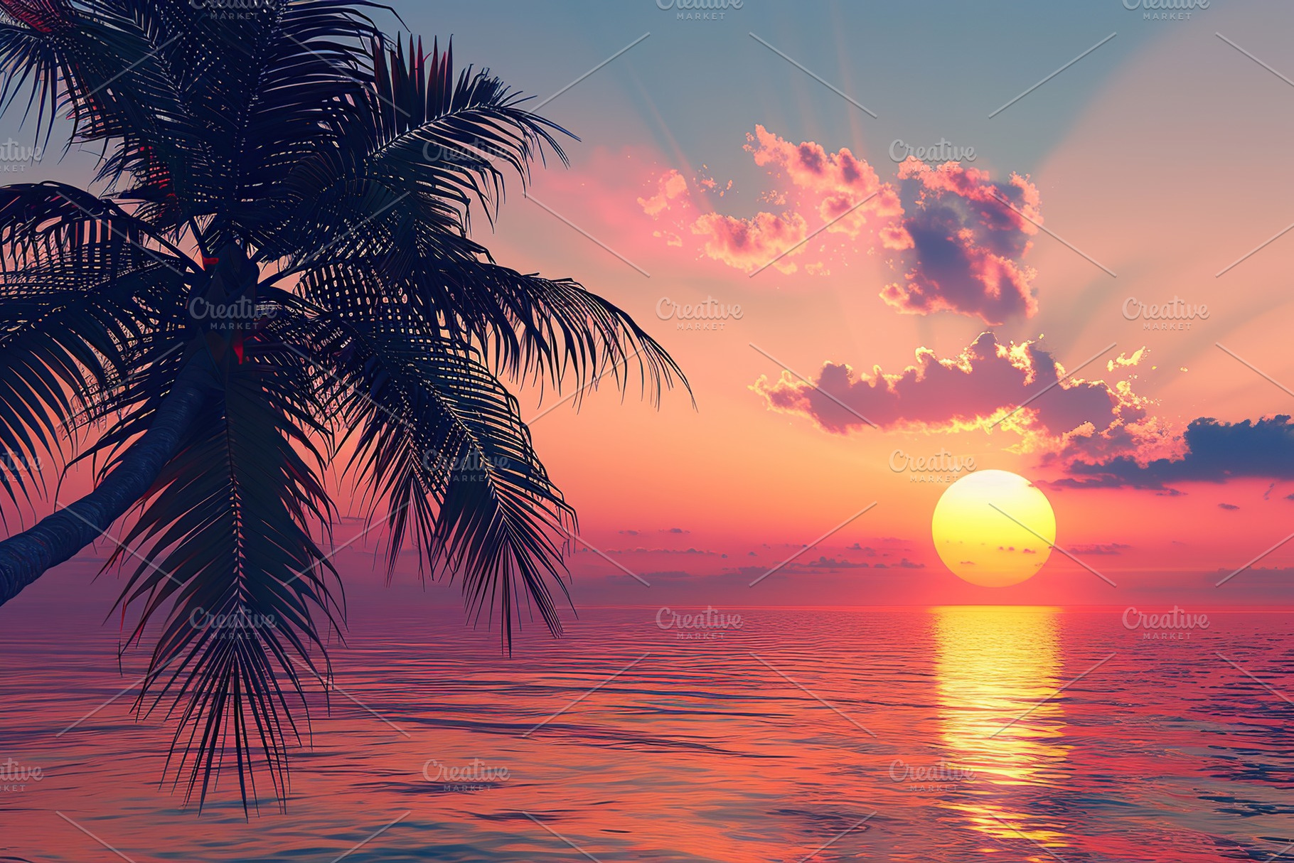 Sunrise over the water and palm tree, a Photo by AlyaAnd