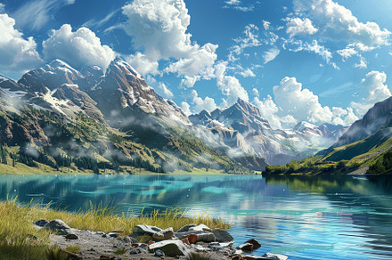 A tranquil alpine lake reflects towe, a Photo by Tanuart