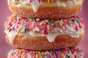 Stack of Pink Glazed Donuts with White Dripping Icing and Colorf, a Food & Drink Photo by José Manuel Gelpi