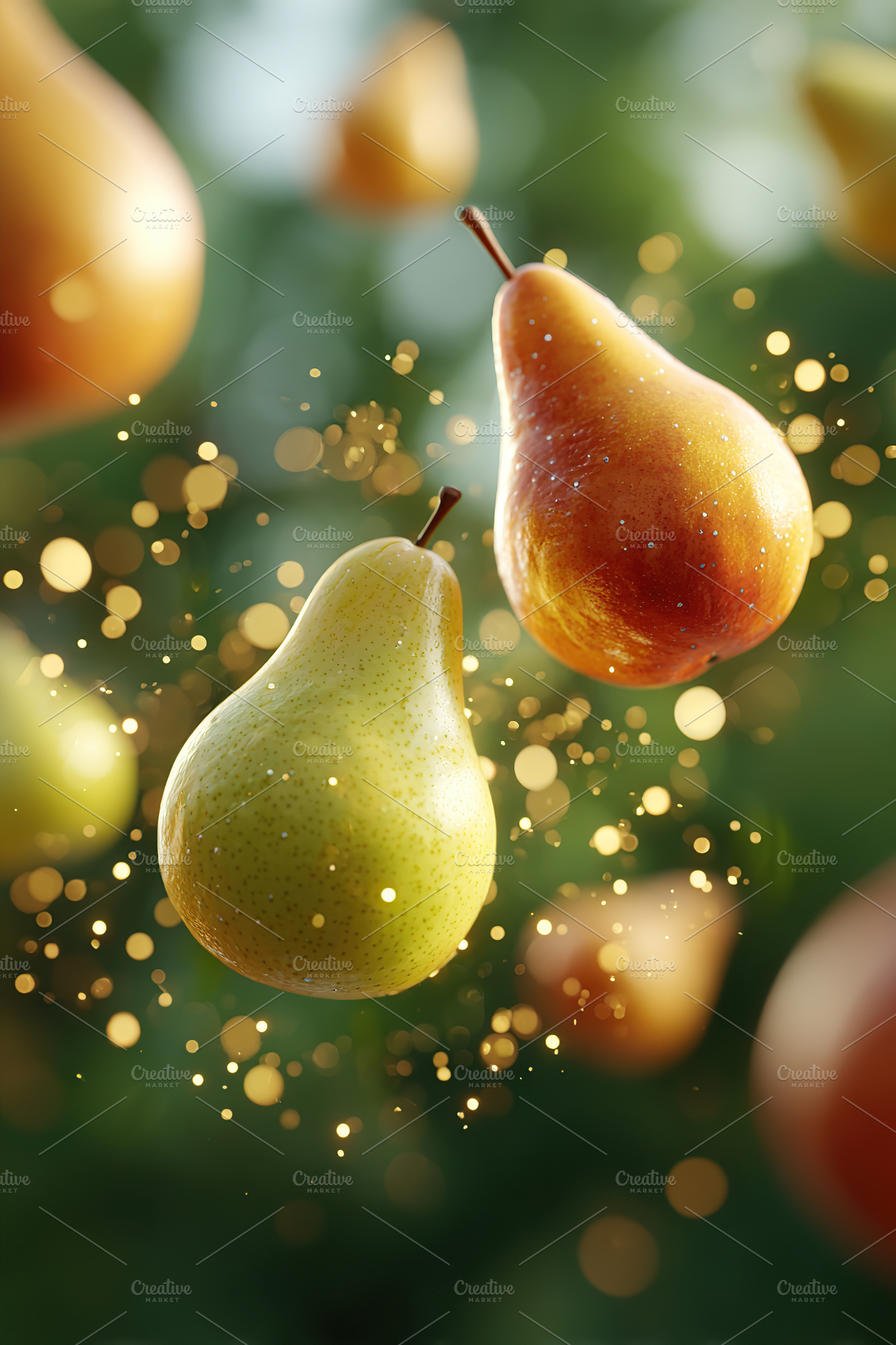 Floating apples and pears surrounded by sparkling particles in a vibrant settin, a Food & Drink Photo by AlyaAnd