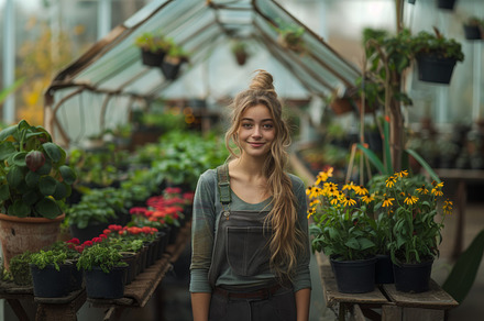 Young Female Gardener Smiling Among Colorful Plants in Greenhous, a Person Photo by AS photostudio