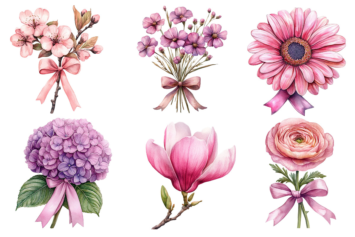 Pink Flowers Watercolor Clipart, an Illustration by Dream Creation (Photo 2 of 7)