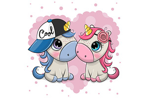 Two Cute Cartoon Unicorns