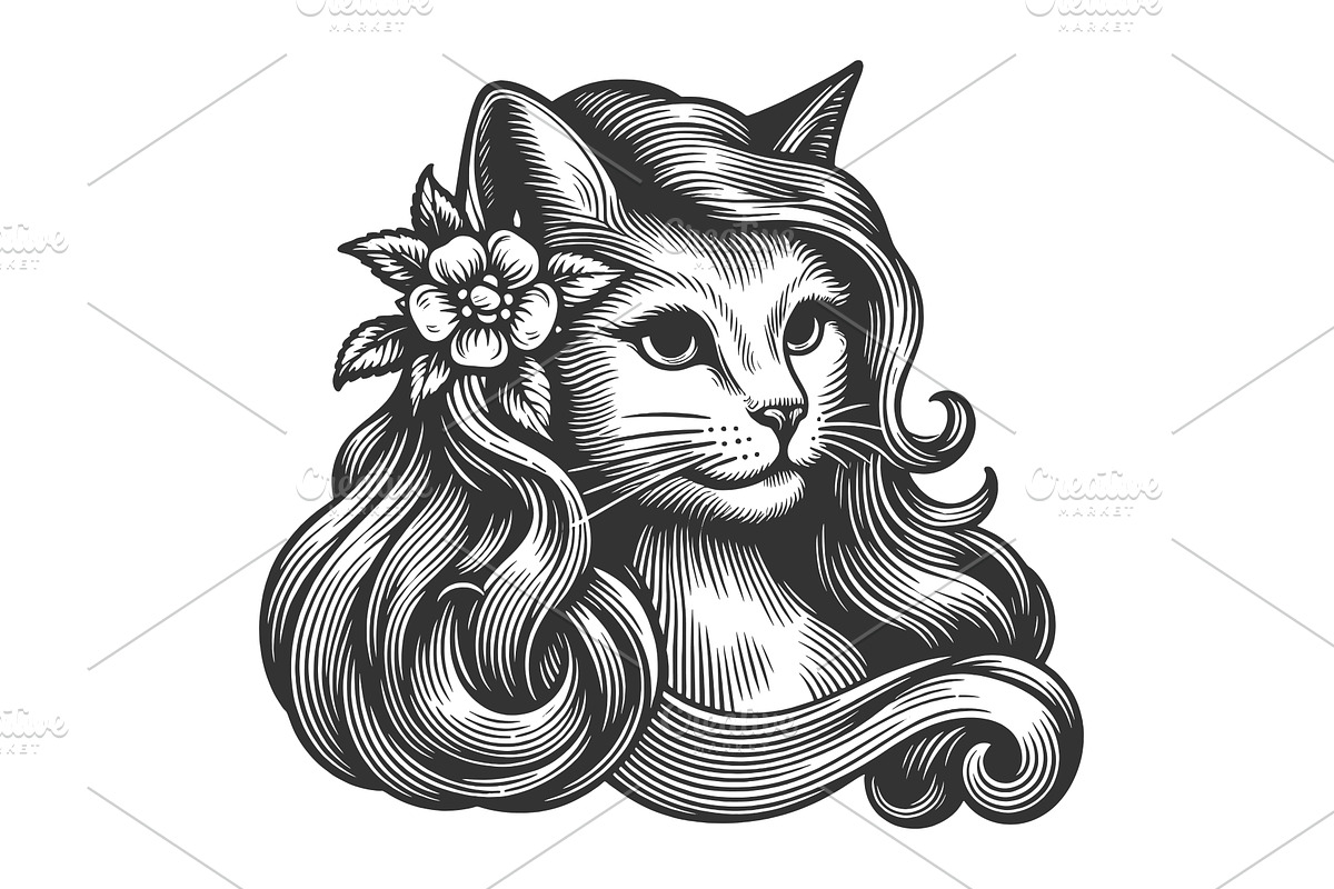 Cat with Long Hair and Flower, an Animal Illustration by AlexArt