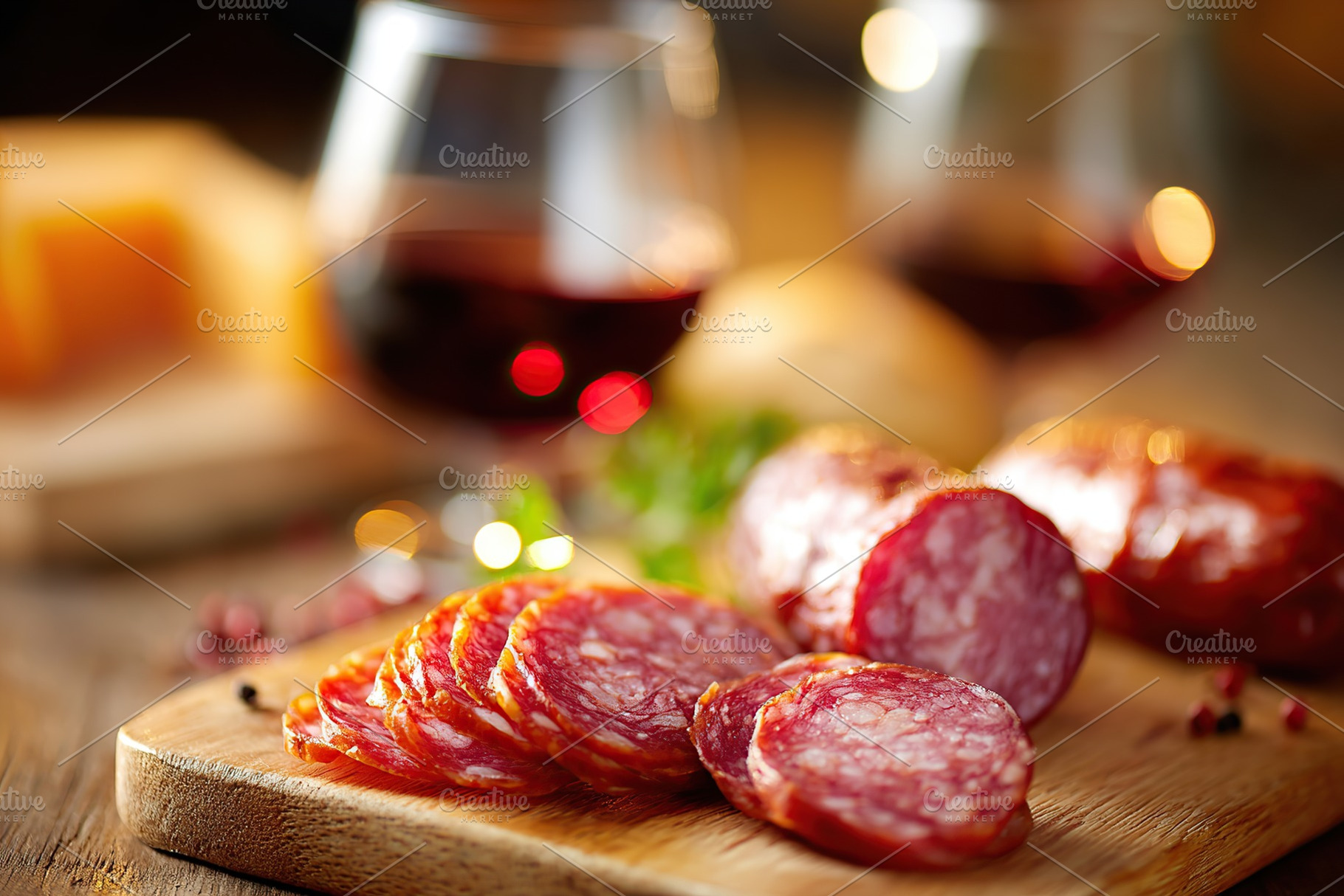 Variety of smoked sausage cuts displayed on a wooden board with wine in a cozy, a Food & Drink Photo by AlyaAnd