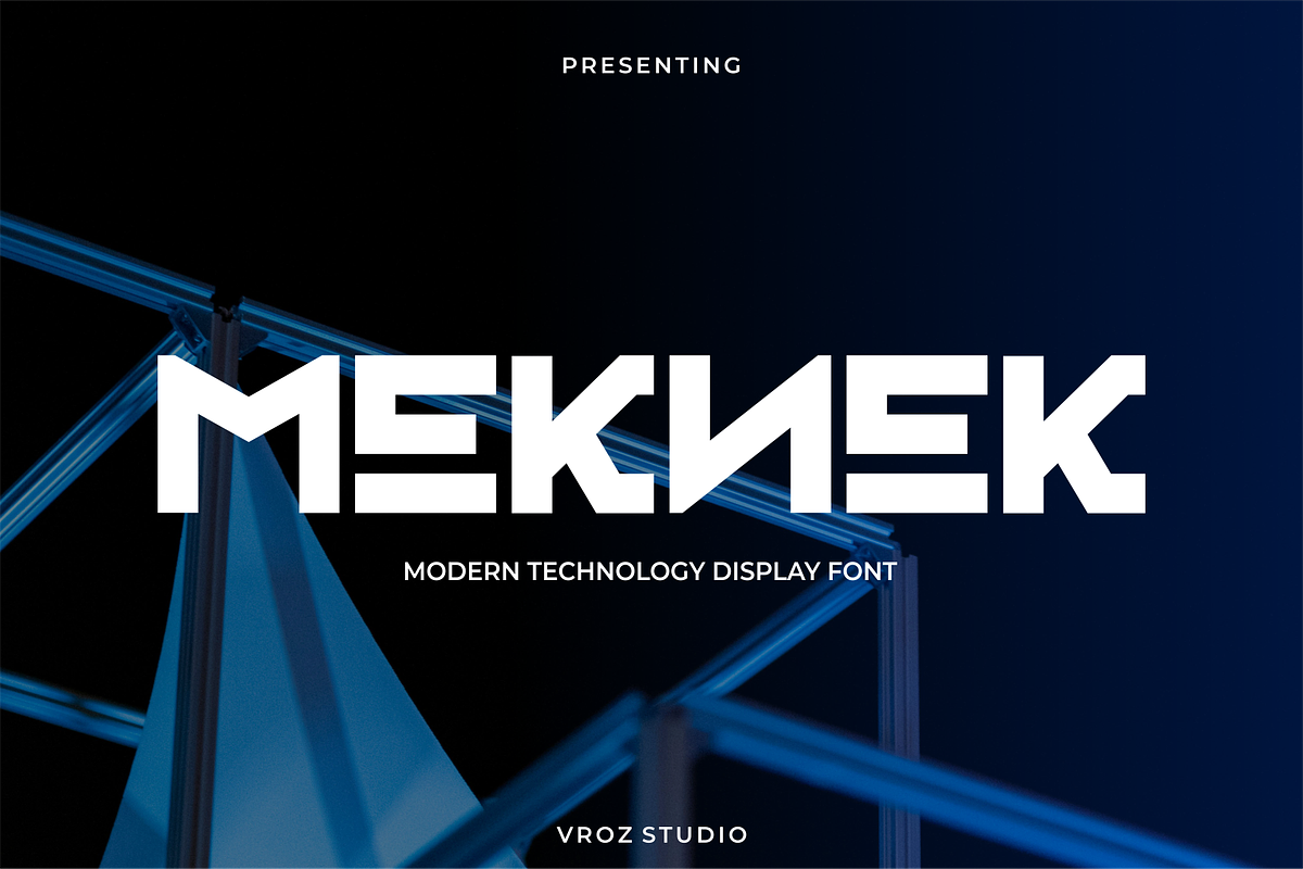 Meknek – Modern Technology Display, a Sans Serif Font by Vroz Studio (Photo 1 of 8)