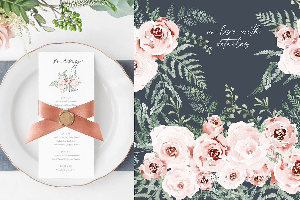 Watercolor Fern and Roses, an Object Illustration by Olga Koelsch (Photo 3 of 15)