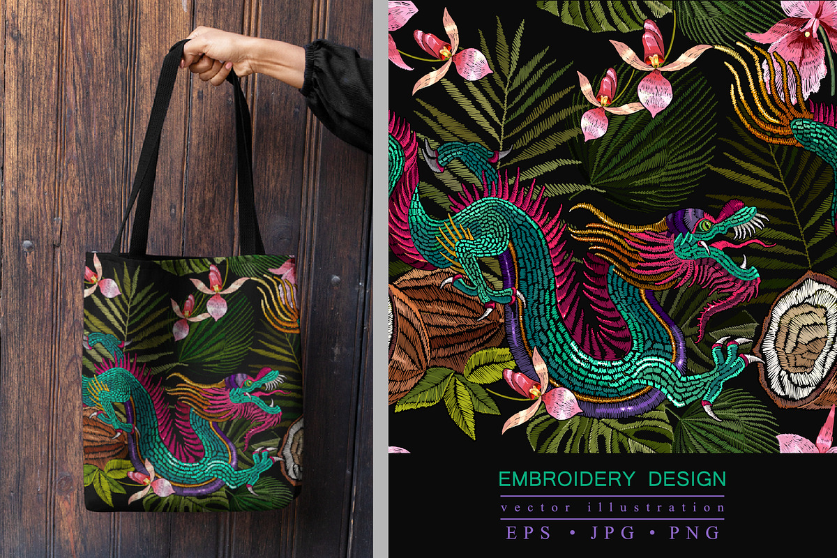 Dragon, coconut and tropical orchid, a Pattern Graphic by Matrioshka (Photo 1 of 6)