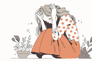 Sad woman sitting on the floor surrounded by nature indoors, an Illustration by AS photostudio