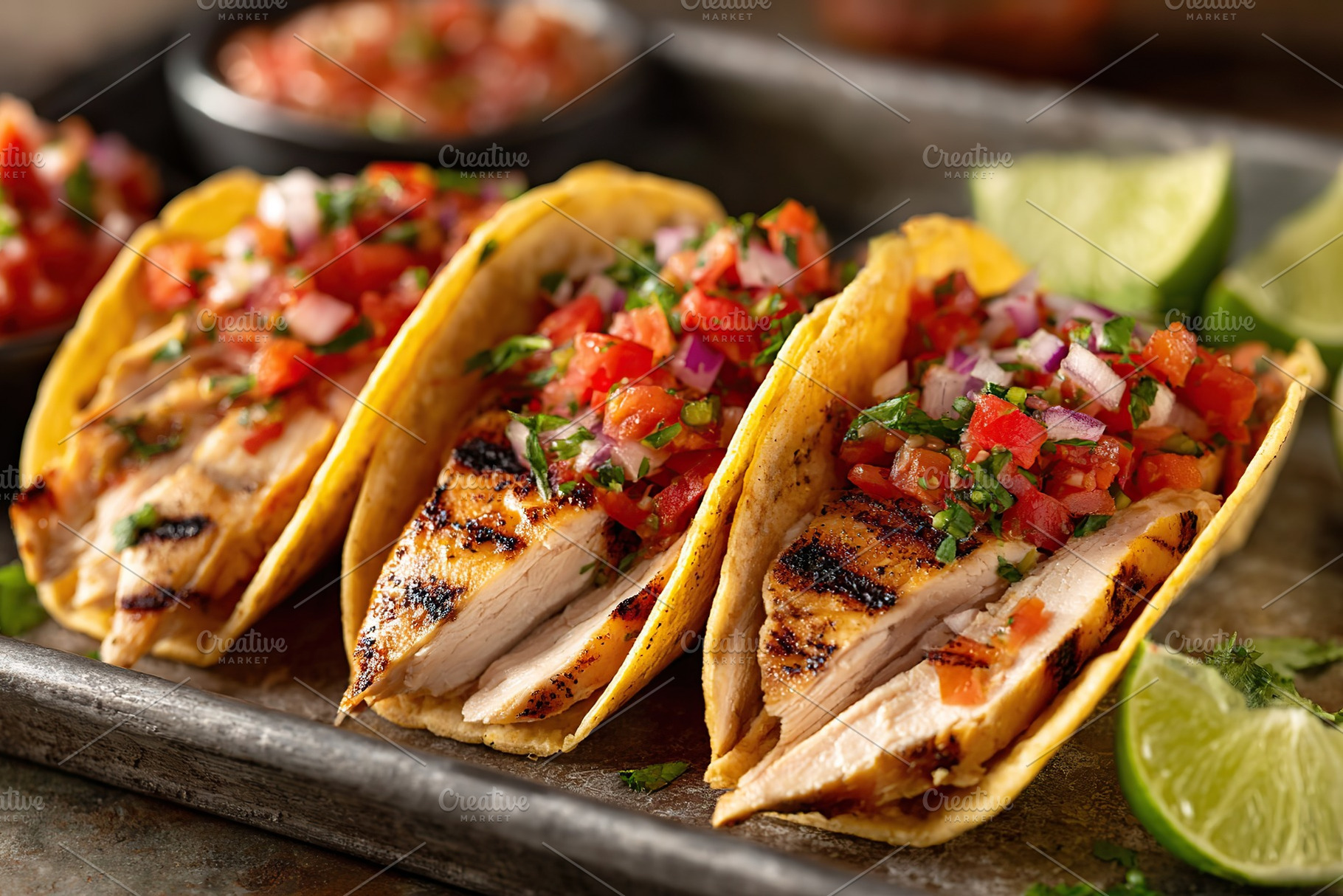 Delicious grilled chicken tacos with fresh salsa served on a rustic wooden plat, a Food & Drink Photo by AlyaAnd