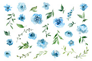 Blue Watercolor Flowers Green Leaves, an Illustration by GraphicsDish (Thumbnail 2 of 5)
