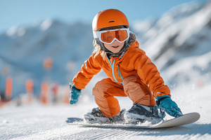 Young child snowboarding on snowy slope, a Sports & Recreation Photo by AlyaAnd