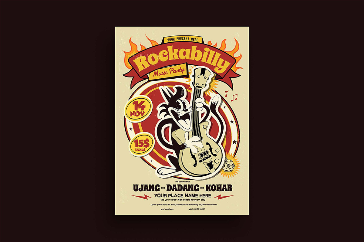 Retro Rockabilly Music Party Flyer, a Flyer Template by megarez (Photo 1 of 3)
