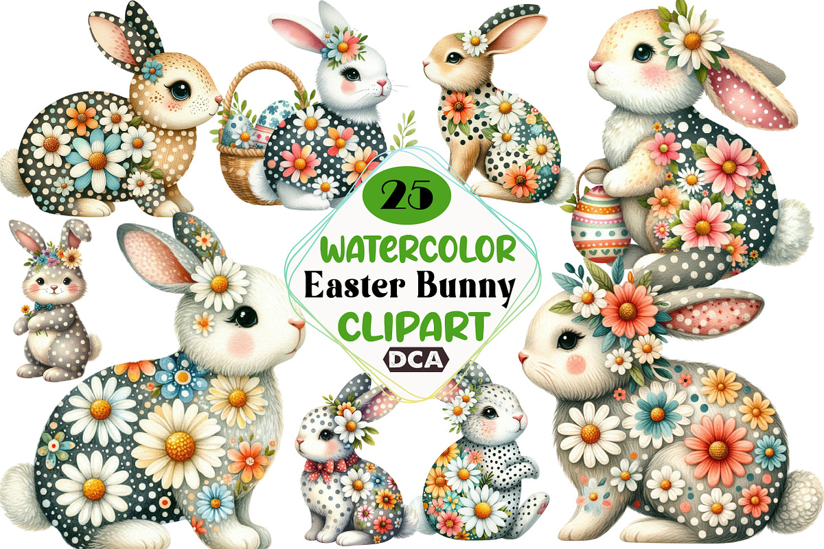 Retro Floral Easter Bunny Clipart, an Illustration by DreamCafeArt (Photo 1 of 4)