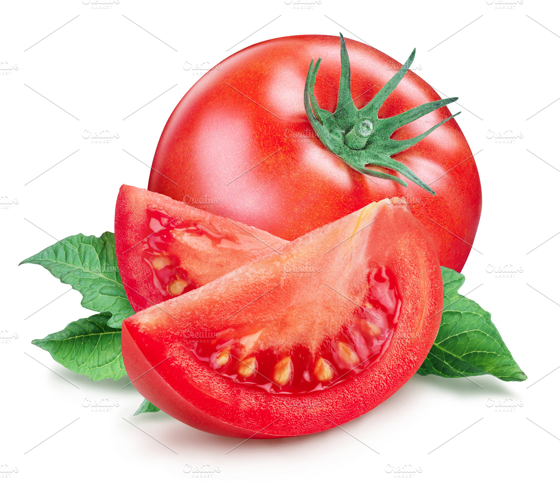 Ripe tomato with leaves and tomato slices isolated on white back, a Food & Drink Photo by Volff