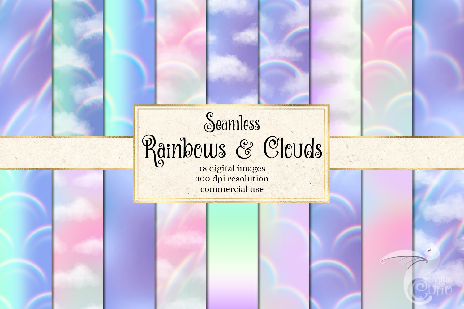 Rainbows & Clouds Digital Paper, a Pattern Graphic by Digital Curio