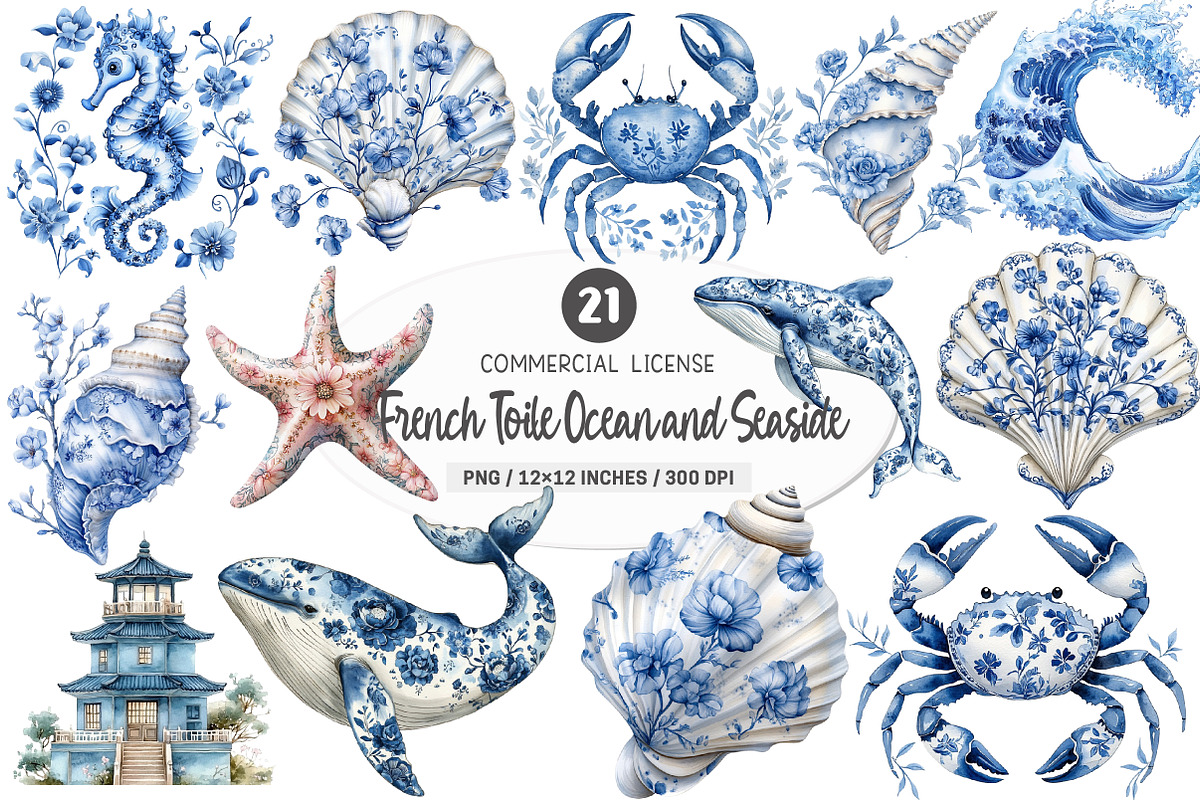 French Toile Ocean & Seaside Clipart, an Illustration by SinaCreation (Photo 1 of 5)