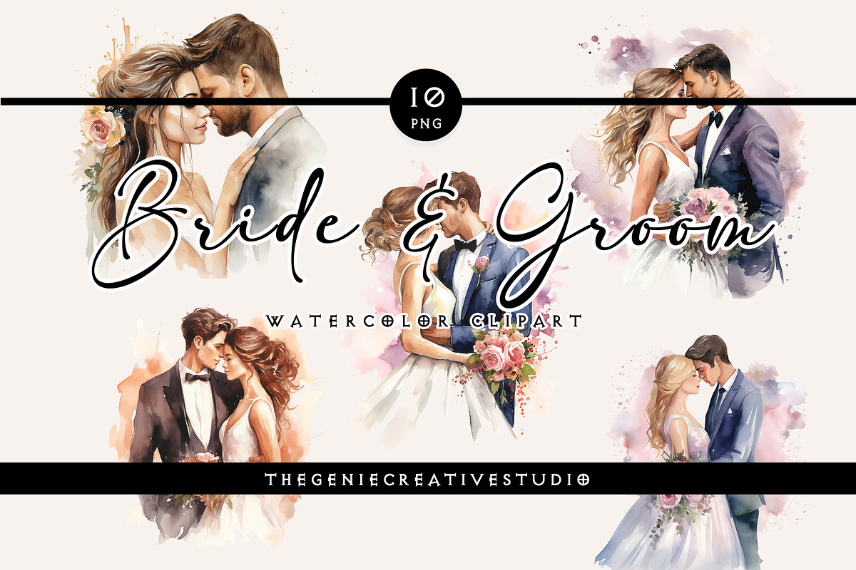 Watercolor Bride & Groom PNG Clipart, a Person Illustration by Geniecreativestudio (Photo 1 of 9)