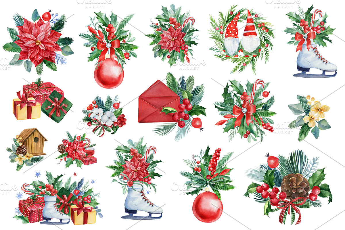 Christmas watercolor clipart, a Decorative Illustration by Hanna Hryharenka (Photo 10 of 19)