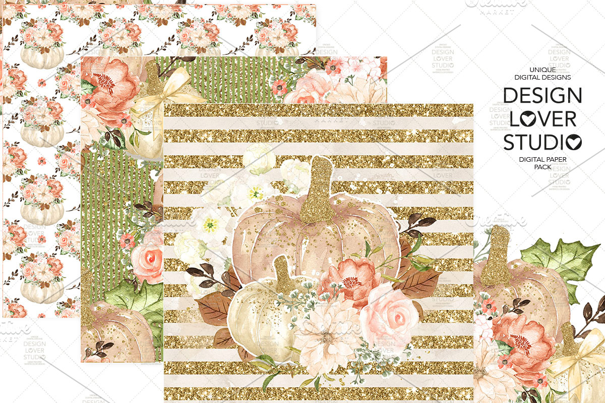 Floral Pumpkin digital paper pack, a Pattern Graphic by designloverstudio