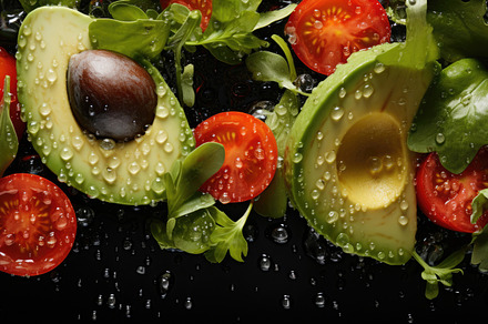 Fresh vegetable salad with citrus, cherry tomatoes, and lettuce, a Photo by Dvoevnore photos